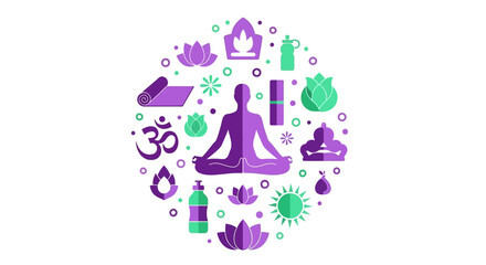Fototapeta premium Yoga and Meditation Concept Illustration with Wellness Icons in Circular Design; Flat Vector Symbols for Mindfulness, Zen, and Healthy Lifestyle