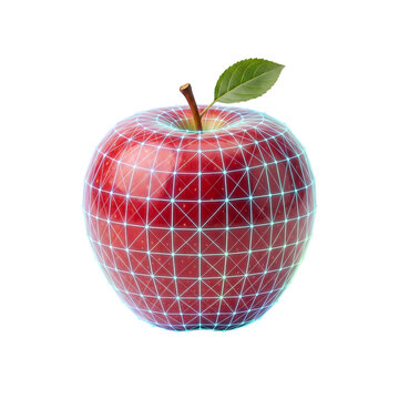 holographic red apple with futuristic grid texture isolated on white background