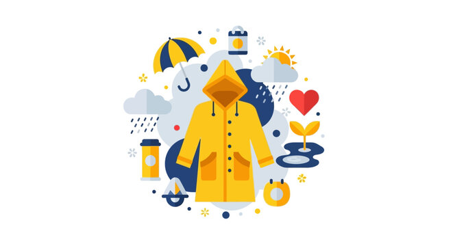 Yellow Raincoat Flat Vector Concept Illustration with Umbrella, Rain, Sun, and Outdoor Weather Elements