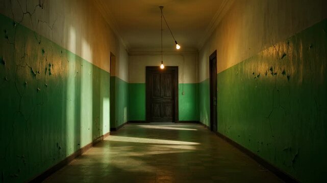 Abandoned hallway with cracked green walls, empty institutional corridor