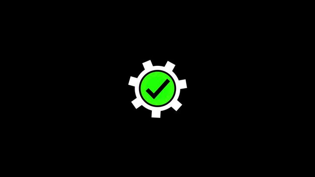Gear icon with a vibrant green checkmark symbol centered inside representing successful process optimization.Circular check mark confirms optimal functionality or successful integration.