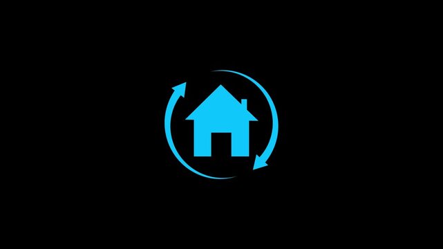 House with rotating circular arrows animation representing real estate market cycles property flipping home. symbolizing real estate property management home renovation.