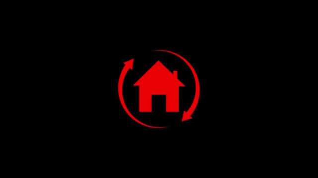 House with rotating circular arrows animation representing real estate market cycles property flipping home. symbolizing real estate property management home renovation.