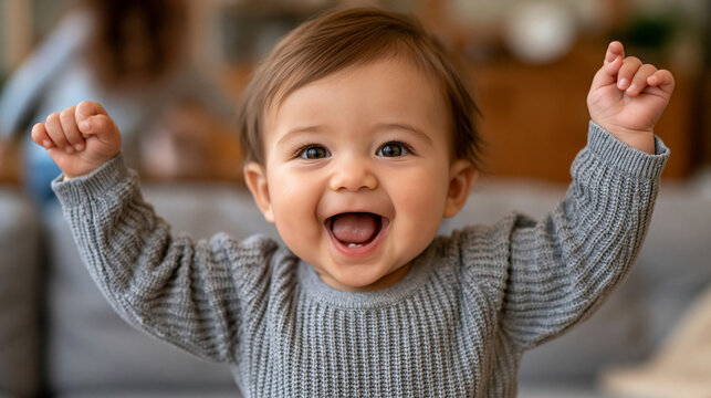 A baby standing unaided for the first time against a living room sofa, both arms lifted in instinctive balance, a startled expression blooming into delight, a parent's blurred form visible rushing c