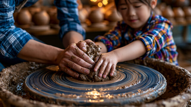 A ceramics teacher's hands guiding a young student's fingers on a spinning pottery wheel, wet clay rising between them, a row of lopsided beginner pots drying on shelves behind, ideal for creative a