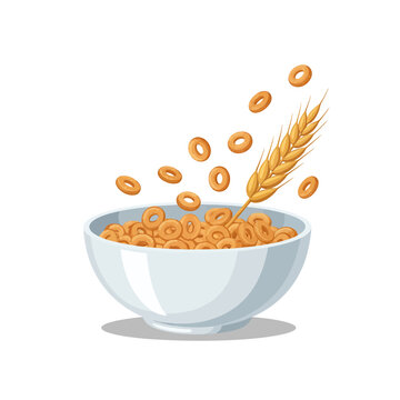 Bowl of whole grain cereal loops with wheat ear vector illustration