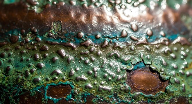 Macro texture of bubbling turquoise copper patina on weathered metallic surface with organic oxidation patterns