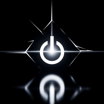 Glowing white power symbol on black, with geometric light streaks & reflection