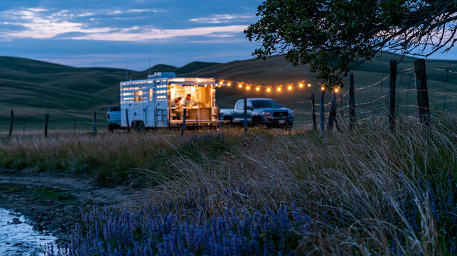 A mobile veterinary unit is parked at the edge of a drought-affected ranch, a team stabilizing a malnourished heifer inside the open rear compartment under portable LED lighting, ideal for large ani