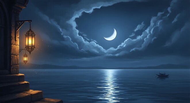 Eid al adha nightscape crescent moon lanterns and serene waters a beautiful islamic holiday scene