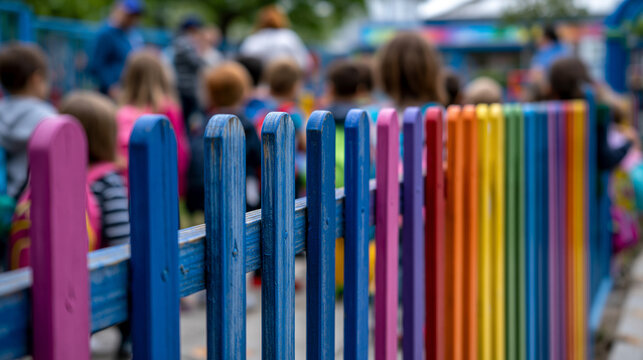 A wide establishing shot of a kindergarten playground at drop-off time, clusters of nervous children clutching backpacks near a colorful gate while parents linger outside the fence in the crisp spri