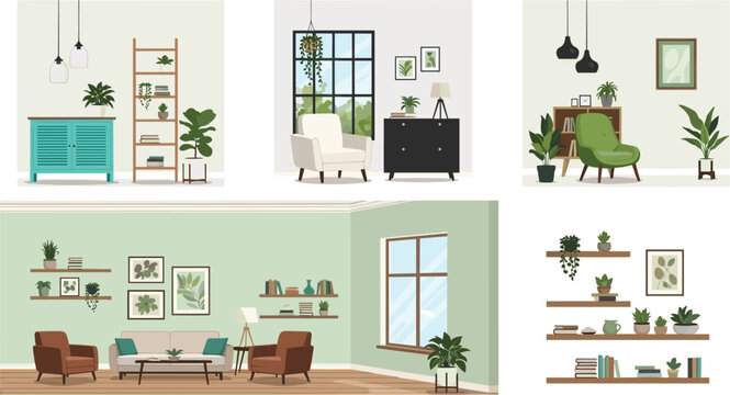 Modern cozy living room interiors collection with furniture plants and decor, stylish home design scenes set isolated on light background vector illustration