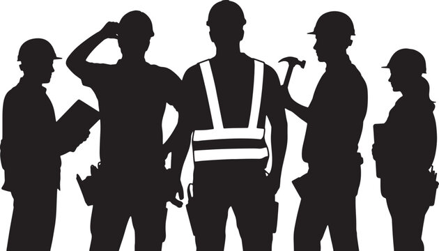 Team of construction workers in silhouette group of builders safety vests construction builders silhouettes hardhats industry profession planning surveying engineers architects silhouette