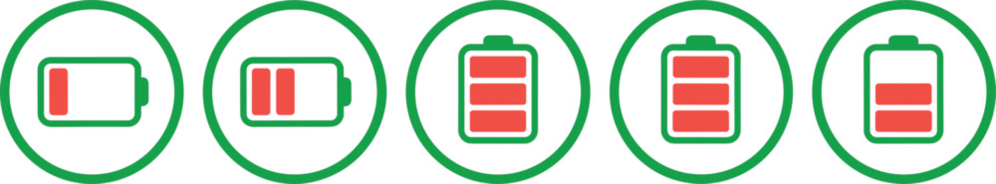 Battery Level Indicator Icon Set Featuring Charging Status, Low Power Warning and Full Energy Symbols in Minimal Flat Vector Style