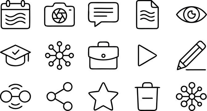 Versatile Business and Education Line Icon Set Featuring Graduation Cap Briefcase Camera Social Media And Network Communication Symbols