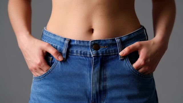Woman wearing high waist blue jeans with bare midriff