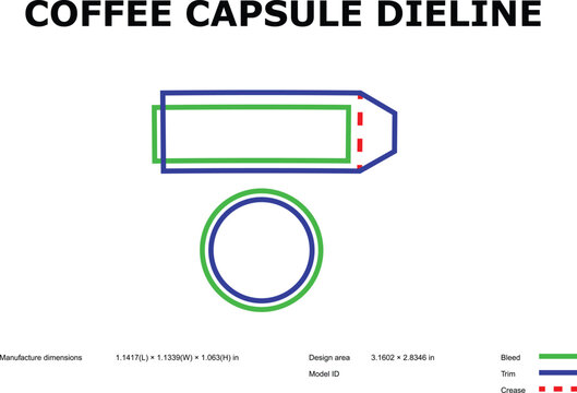 Technical dieline template for a small round coffee capsule