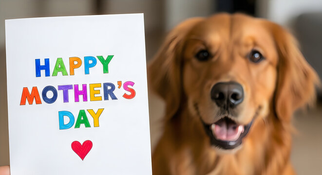 golden retriever dog holding happy mother's day card with colorful text and heart
