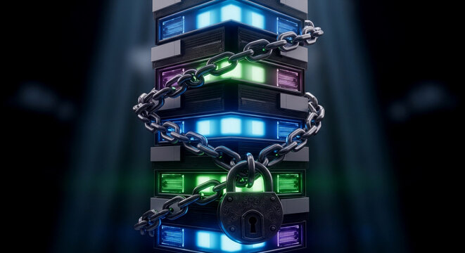 Secure server stack with colorful lights and chained padlock in dark background