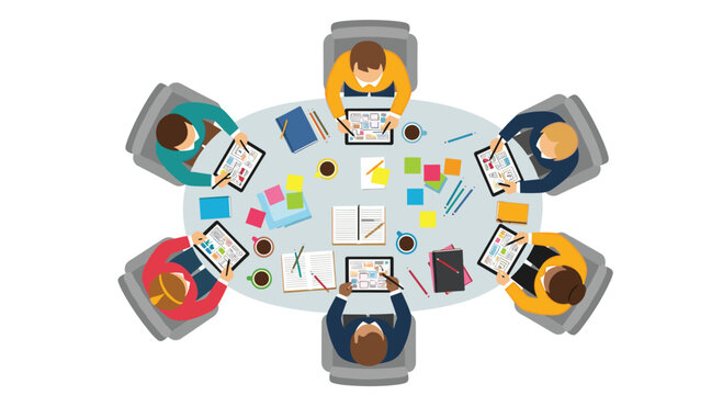 A team of six diverse professionals sits around an oval office table collaborating on digital tablets and paper notebooks while sharing creative ideas in a bright studio.