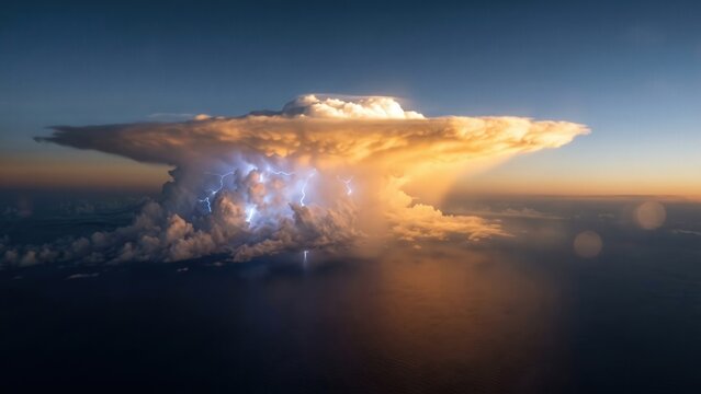 Towering Cumulonimbus Storm Cloud &ndash; Dramatic Sunset Aerial Weather Scene