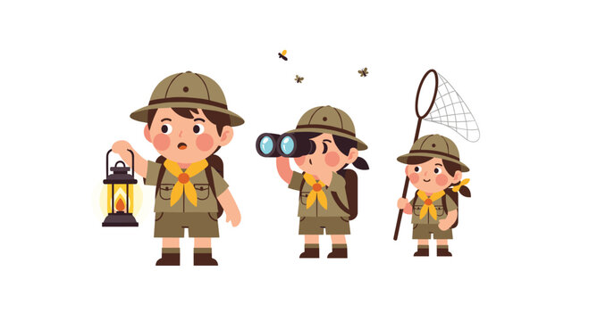 Three cheerful children in brown scout uniforms explore the outdoors with a vintage lantern, binoculars, and a butterfly net on a clean white background.