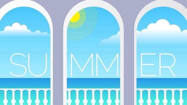 balcony arch windows view with balustrade sky sea summer motion design video footage 