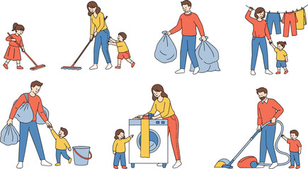 Fototapeta premium Family House Chores Illustration Set with Parents and Children Doing Household Activities Including Laundry, Vacuuming, and Tidying Up