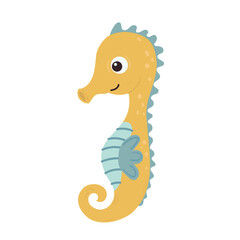 Fototapeta premium Yellow seahorse with blue fins isolated on white background. Flat vector illustration of marine life for nautical and nursery design