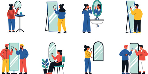 Fototapeta premium Mirror Reflection Vector Set with People Grooming, Checking, and Styling Hair in Bathroom and Living Room