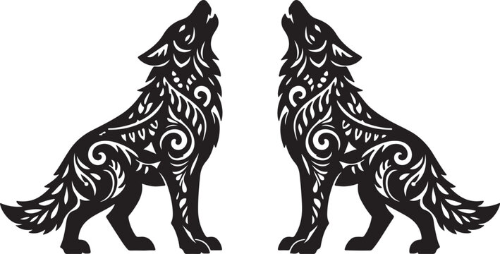 Ornamental Twin Wolf Silhouettes Howling Facing Each Other Decorative Tribal Animal Design