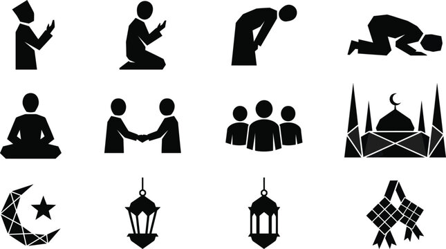 Islamic religious icons set, Muslim prayer positions and mosque silhouettes, Ramadan Kareem celebration symbols, black vector pictograms for Eid