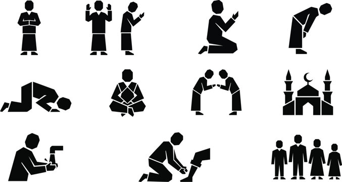 Islamic prayer positions icon set, Muslim worship ritual silhouettes, 12 religious vector elements including mosque and family icons for Ramadan