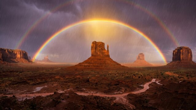 Monsoon Rain Over Desert Rock Formations &ndash; Dramatic Rainbow Landscape Scene