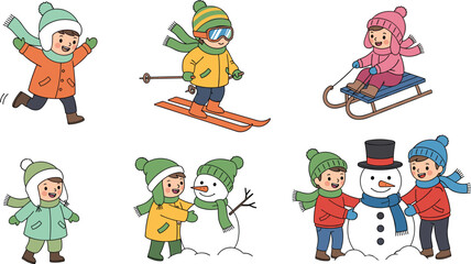 Fototapeta premium Winter Activities Illustration Set Featuring Children Playing Outdoors, Skiing, Sledding, and Building a Snowman in the Snow