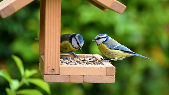 Two Blue Tits Eating Seeds From a Wooden Bird Feeder with a Green Blurred Background on a Sunny Day