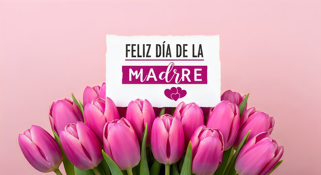 happy mother's day bouquet of pink tulips with festive greeting card on pastel background