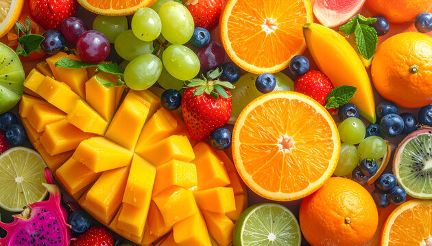 Vibrant Assortment of Fresh Tropical and Citrus Fruits Displayed Artfully.