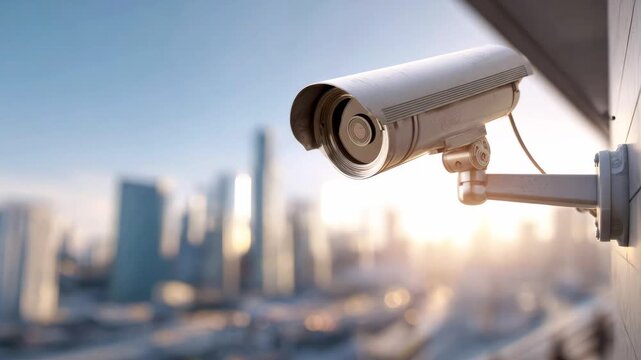 A cctv security camera on the wall of a building, against a blurred background of the urban and skyscrapers. City surveillance