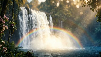 Naklejka premium Tropical Waterfall During Monsoon Rain – Rainbow Mist Jungle Landscape
