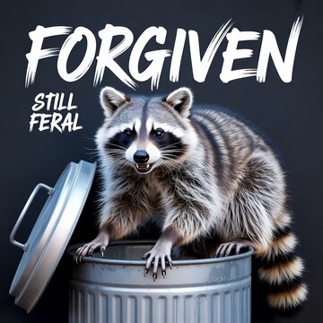 Raccoon on trash can with 'FORGIVEN STILL FERAL' text
