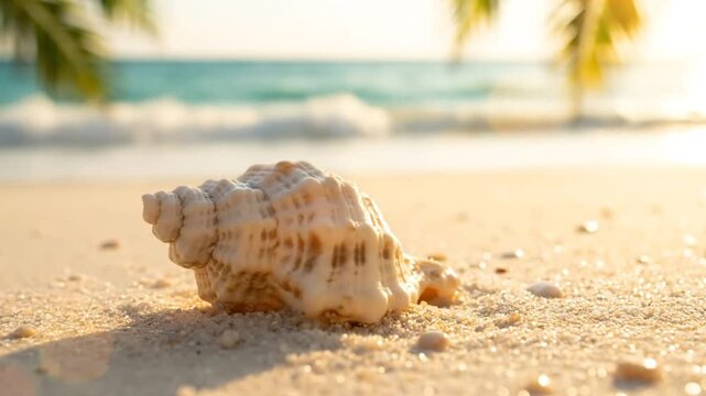 Tranquil seashell rests on golden sandy beach with gentle waves and tropical sunlight, perfect vacation scene