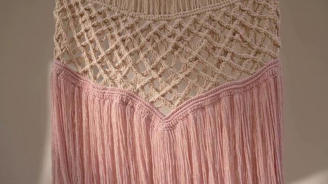 Pastel macram&eacute; tapestry with fringe detail close up
