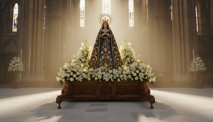 Virgin Mary statue for Assumption of Mary procession with holy image in a gothic cathedral decorated with white flowers for Catholic devotion concept with cinematic light