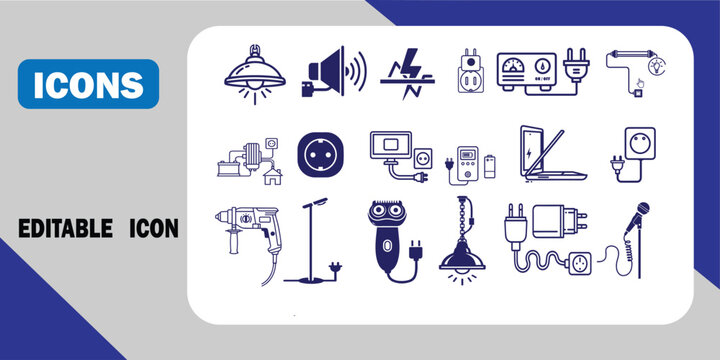 Collection of editable icons representing electrical devices and concepts with electrical technology illustration collection editable computer household appliance industry equipment electron
