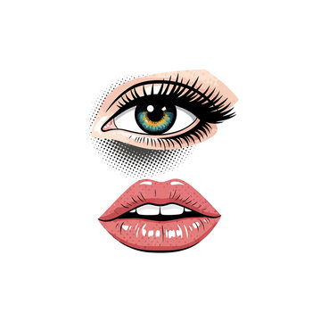 Pop Art Vector Illustration of Female Eye and Pink Lips