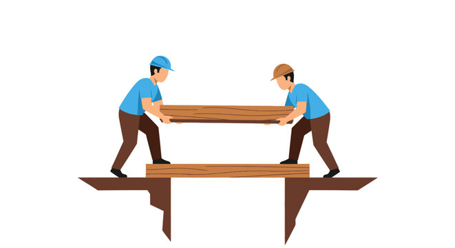 Construction Workers Building a Wooden Bridge with Teamwork and Cooperation Concept, Vector Illustration of Professional Builders Working Together on Infrastructure