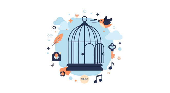 Freedom and Liberation Concept Illustration with Open Birdcage, Flying Bird, Key, and Music Notes Symbolizing Mental Health and Breakthrough