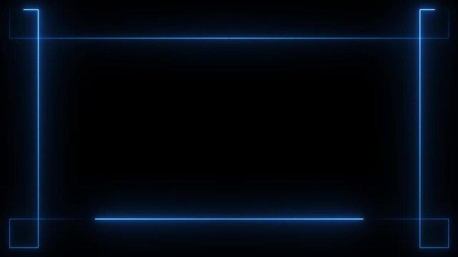 Futuristic neon blue frame animation with glowing geometric borders and corner squares on dark background. 4k