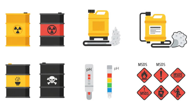 Chemical Safety Icon Set, Vector Hazardous Waste Barrels, Chemical Spill Kit, pH Test Strips and MSDS Symbols, Industrial Lab Safety PPE Icon Sheet